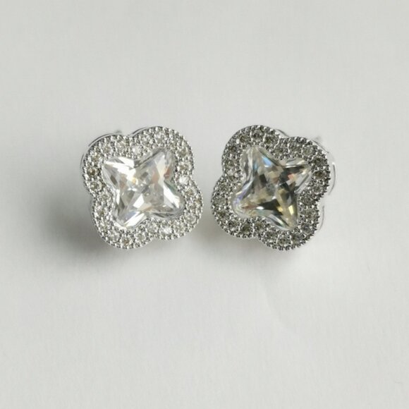 CZ clover Earrings in 14k white gold overlay - Picture 6 of 6